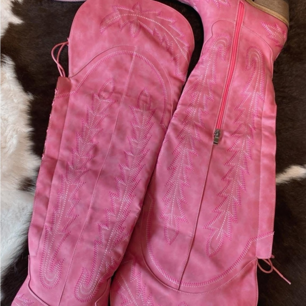 Pink Embroidered Knee-High Boots